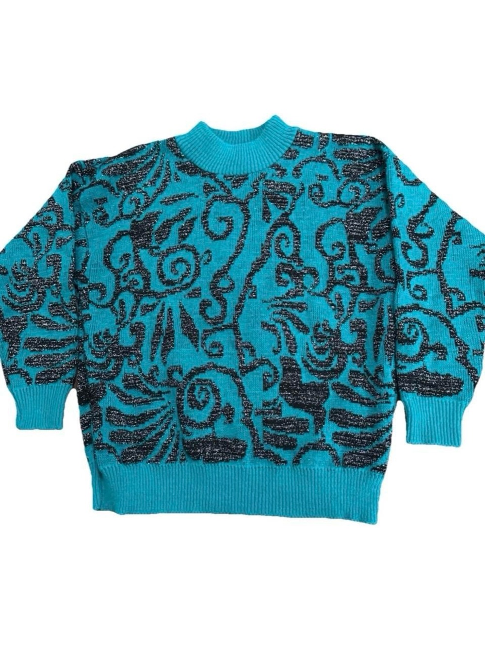Donagain vintage 80s teal sweater with black ornate glitter shimmer swirls Large